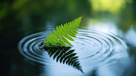 A green fern leaf floating gently in a pond, surrounded by peaceful reflections and ripplesの素材