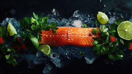 A raw salmon fish fillet on ice, surrounded by garnishes of fresh parsley and lime wedges, creating a vibrant contrastの素材