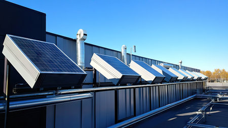 A row of modern solar panels installed on a rooftop, with the clear blue sky creating a vivid backdropの素材