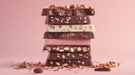 A stack of chocolate bars in various textures and layers, with milk and dark chocolate, topped with crushed nuts and sprinklesの素材