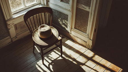 A hat placed on a chair by the window, its shadow projected onto the floor by the morning lightの素材