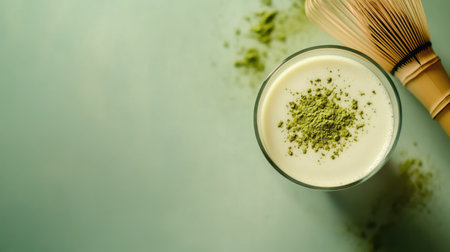 A glass of matcha tea on a soft green background, with vibrant matcha powder sprinkled on the surface and a bamboo whisk on the sideの素材