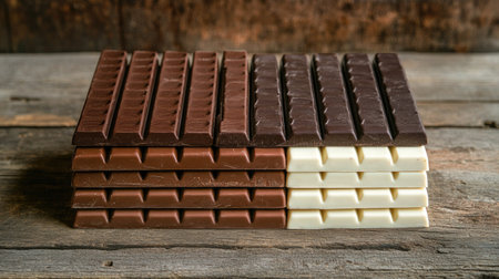 A variety of chocolate bars stacked neatly, with different types of chocolateの素材