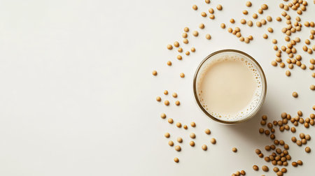 A single glass of soy milk surrounded by scattered soybeans on a clean white background, emphasizing simplicity and purityの素材