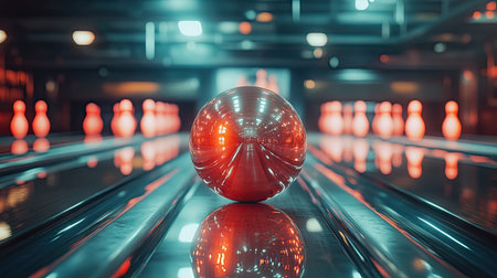 A perfectly shiny bowling ball on the track, captured in motion as it heads toward the pins at the end of the laneの素材