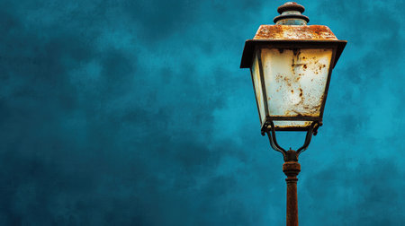 A rusty old street lamp with chipped paint photographed against the vibrant backdrop of a deep blue skyの素材