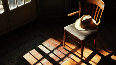 A hat placed on a chair by the window, its shadow projected onto the floor by the morning lightの素材