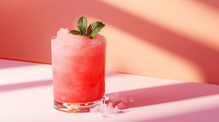 A refreshing watermelon slushie in a clear glass with crushed ice and mint sprigs on a bright, minimal surfaceの素材