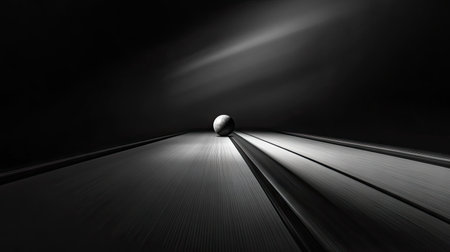 A lone bowling ball moving down an empty lane, with dramatic lighting accentuating the smoothness of the trackの素材