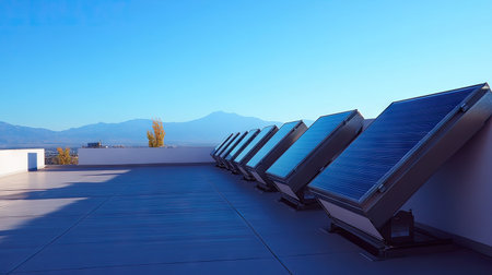 A row of modern solar panels installed on a rooftop, with the clear blue sky creating a vivid backdropの素材