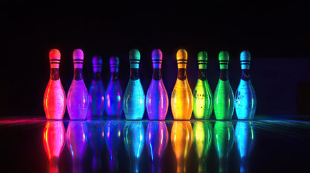 A row of freshly aligned bowling pins, with colorful lights reflecting on the polished surfaceの素材