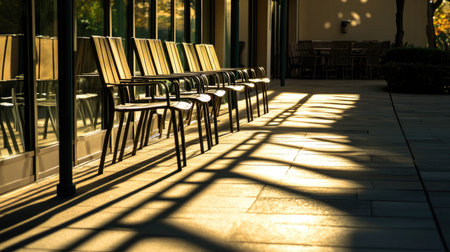 A row of chairs casting elongated shadows across a patio in the gentle morning lightの素材