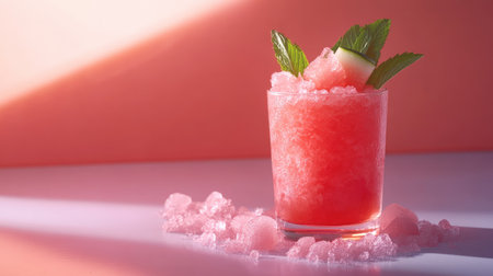 A refreshing watermelon slushie in a clear glass with crushed ice and mint sprigs on a bright, minimal surfaceの素材