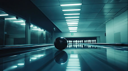 Bowling ball rolling toward the pins, captured from ground level with the glossy track reflecting overhead lightsの素材