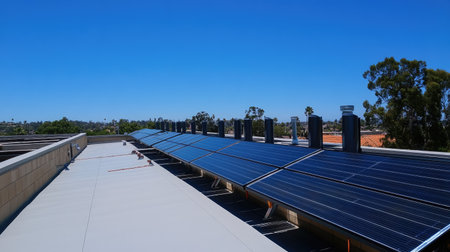 A row of modern solar panels installed on a rooftop, with the clear blue sky creating a vivid backdropの素材