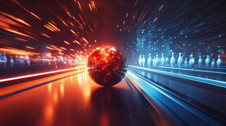 Bowling ball in motion on a sleek lane, with soft lighting creating a dramatic effect as it heads toward the pinsの素材