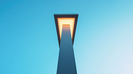 A tall, modern street lamp photographed from below, its structure contrasting against a gradient blue skyの素材