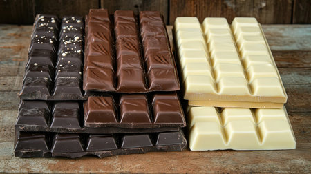 A variety of chocolate bars stacked neatly, with different types of chocolateの素材