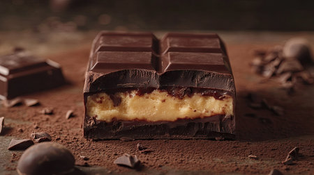 Close-up of a chocolate bar with a bite taken out, showing smooth, creamy layers and a decadent filling insideの素材