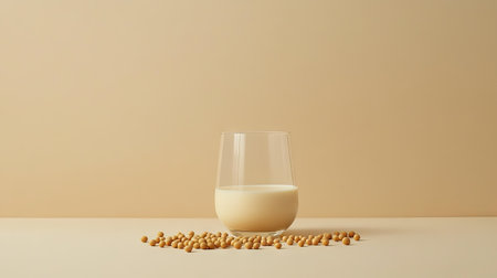 A minimalist, natural scene with soy milk in a glass and raw soybeans scattered across a neutral background, creating a simple, fresh lookの素材
