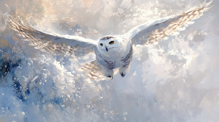 A snowy owl in mid-flight with its wings angled downward, creating dynamic motion against a snowy backgroundの素材
