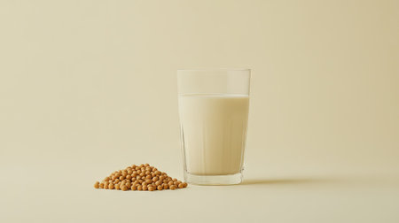 A simple and fresh aesthetic with soy milk in a clear glass next to a small pile of soybeans on a white background, soft lighting highlighting the detailsの素材