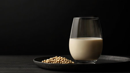 Clean and fresh composition of soy milk poured into a clear glass next to a small heap of soybeans, evoking a natural, healthy vibeの素材