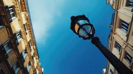A tall street lamp photographed from ground level, with the deep blue sky creating a dramatic perspectiveの素材