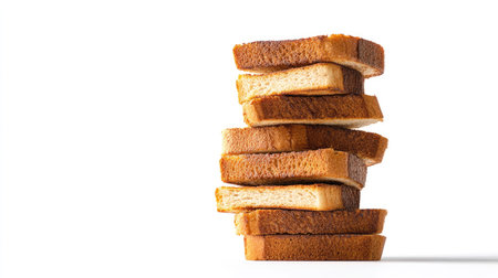 A stack of toast bread slices with golden-brown tops and light centers, isolated on a bright white backgroundの素材