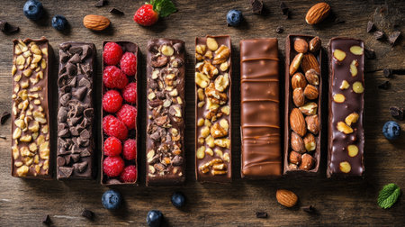A variety of chocolate bars with fillings like caramel, nuts, and fruit, beautifully arranged on a wooden surfaceの素材