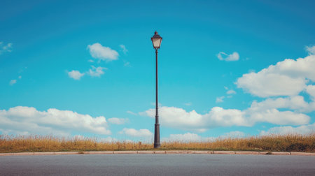 A street lamp standing alone on an empty road, with a brilliant blue sky filling the backgroundの素材
