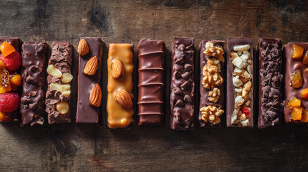 A variety of chocolate bars with fillings like caramel, nuts, and fruit, beautifully arranged on a wooden surfaceの素材