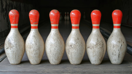 Bowling alley worker ensuring each pin is in its correct spot before a game startsの素材