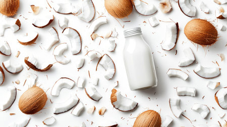 Bottle of fresh coconut milk surrounded by cracked coconuts and coconut chunks on a plain white backgroundの素材
