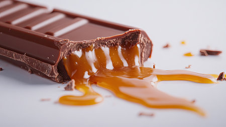 Close-up of a chocolate bar being broken in half, revealing a gooey caramel filling dripping out onto a white surfaceの素材