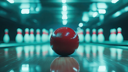 Bowling ball rolling toward the pins, captured from ground level with the glossy track reflecting overhead lightsの素材