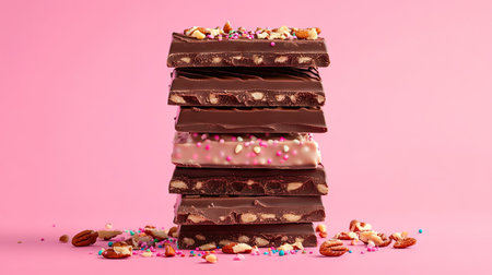 A stack of chocolate bars in various textures and layers, with milk and dark chocolate, topped with crushed nuts and sprinklesの素材