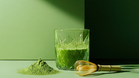 A vibrant glass of green matcha tea placed on a rich green surface, with a teaspoon of matcha powder beside it and a traditional whiskの素材