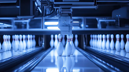 Bowling alley pinsetter in action, placing pins with precision as part of a high-tech setupの素材