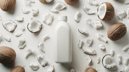 Bottle of fresh coconut milk surrounded by cracked coconuts and coconut chunks on a plain white backgroundの素材