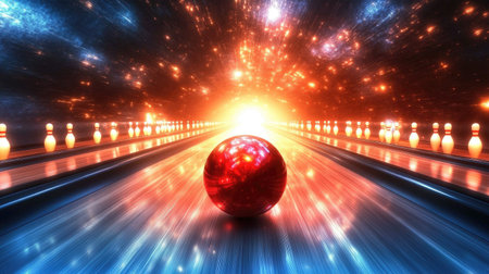 Bowling ball approaching the pins down a glossy track, with the smoothness of the lane and lights creating a dynamic atmosphereの素材