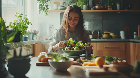 A young woman enjoying a healthy and homemade salad filled with leafy greens, nuts, and sliced fruits, sitting in a cozy modern kitchenの素材