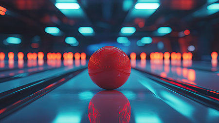 Bowling ball positioned at the start of the lane, ready to roll down the track and into the pinsの素材