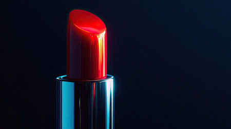 Close-up of a red lipstick tube, its cap off, with a soft glow accentuating the color against the dark backgroundの素材