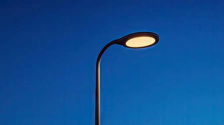 A single, simple street lamp angled slightly upward, with a rich blue sky creating contrastの素材