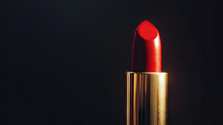 Close-up of a bold red lipstick in an elegant gold tube, set against a sleek black background with dramatic lightingの素材