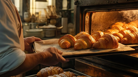A tray of freshly baked croissants being pulled from the oven by a baker in a charming, rustic bakeryの素材