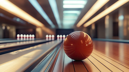 Bowling ball rolling effortlessly along the track with the pins faintly visible in the background, evoking a sense of anticipationの素材