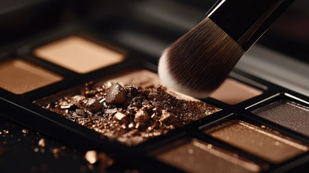 Close-up of an eyeshadow palette with metallic shades, and a brush gently picking up pigment on a sleek black surfaceの素材