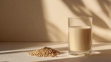 Clean and fresh composition of soy milk poured into a clear glass next to a small heap of soybeans, evoking a natural, healthy vibeの素材